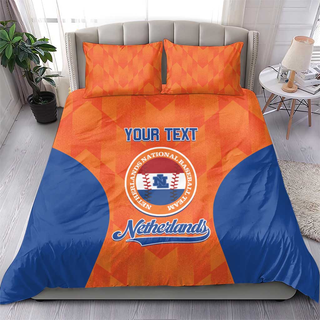Orange and blue Netherlands bedding set with two pillows and “YOUR TEXT” logo