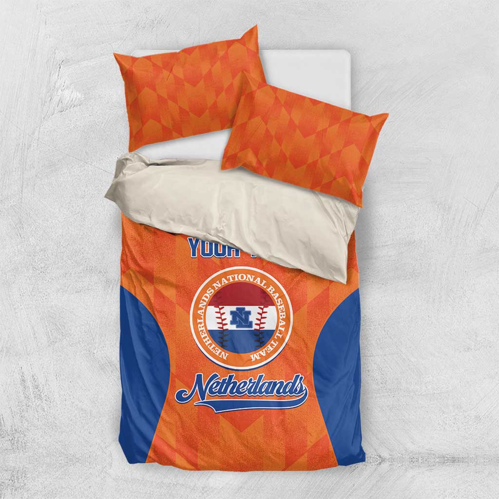 Orange and blue Netherlands duvet cover set with two pillows and “YOUR TEXT” crest