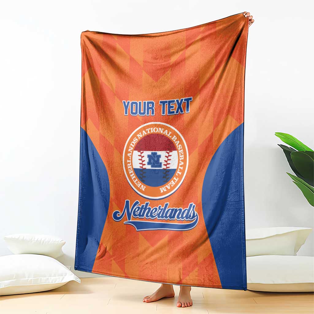 Orange and blue Netherlands custom blanket with “Your Text” front graphic and emblem