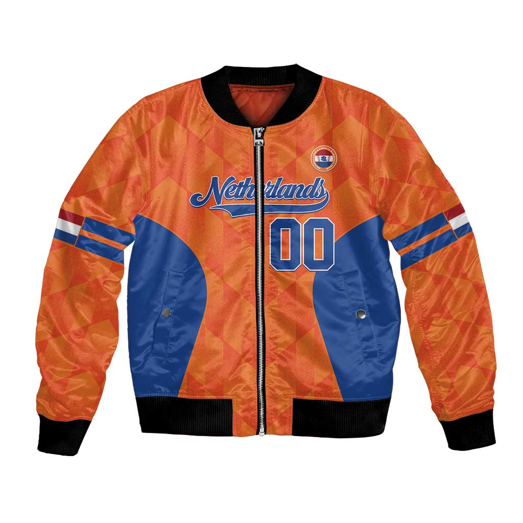 Orange blue bomber jacket with zipper, Netherlands graphic, number 00