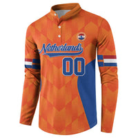 Orange Netherlands baseball button sweatshirt, '00' and badge on front with stripes