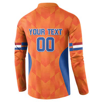 Orange baseball button sweatshirt back: 'YOUR TEXT' and '00' print