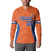 Orange Netherlands baseball button sweatshirt on model, front graphic with '00'