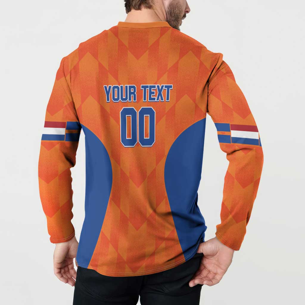 Orange baseball button sweatshirt on model, back 'YOUR TEXT' and '00' print