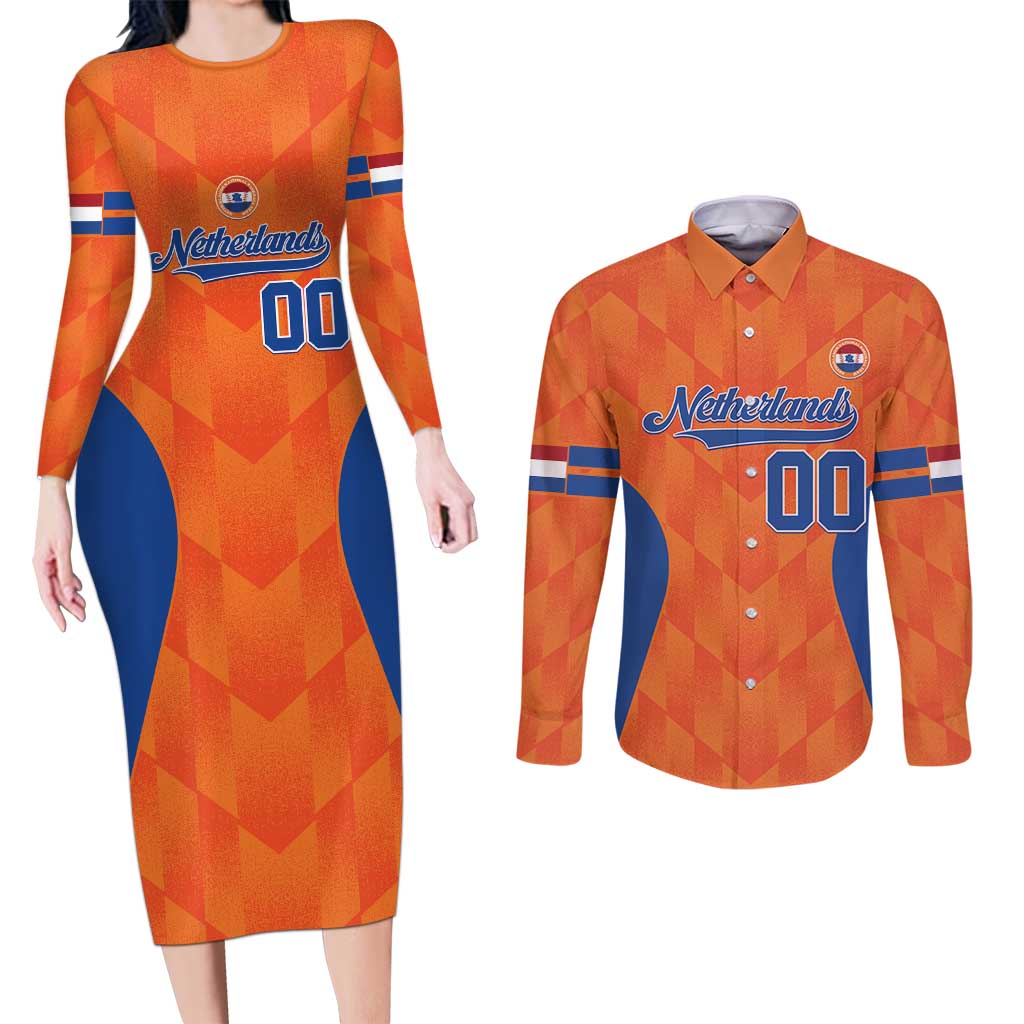 Custom Baseball Netherlands Couples Matching Long Sleeve Bodycon Dress and Long Sleeve Button Shirt Go Champions Sporty Style - Wonder Print Shop