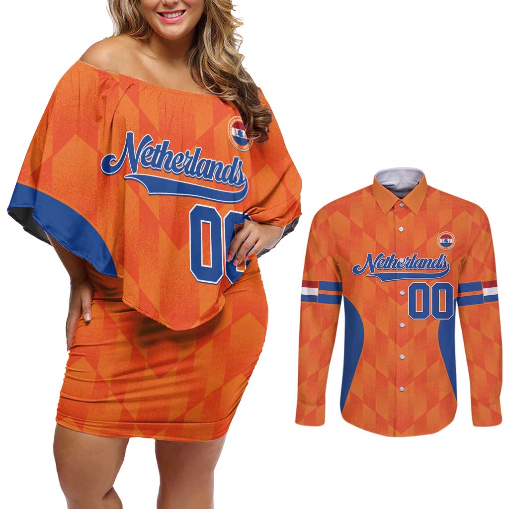 Custom Baseball Netherlands Couples Matching Off Shoulder Short Dress and Long Sleeve Button Shirt Go Champions Sporty Style - Wonder Print Shop