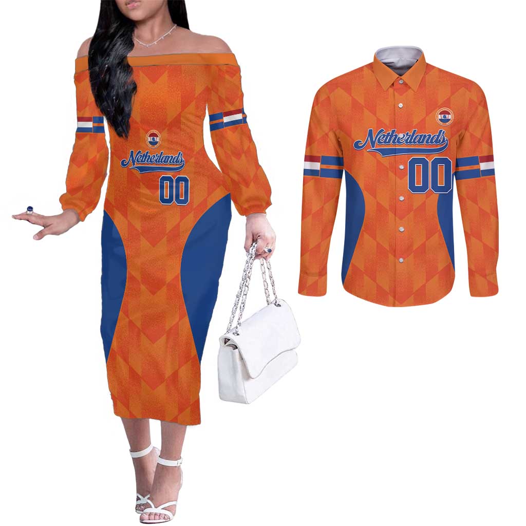 Custom Baseball Netherlands Couples Matching Off The Shoulder Long Sleeve Dress and Long Sleeve Button Shirt Go Champions Sporty Style