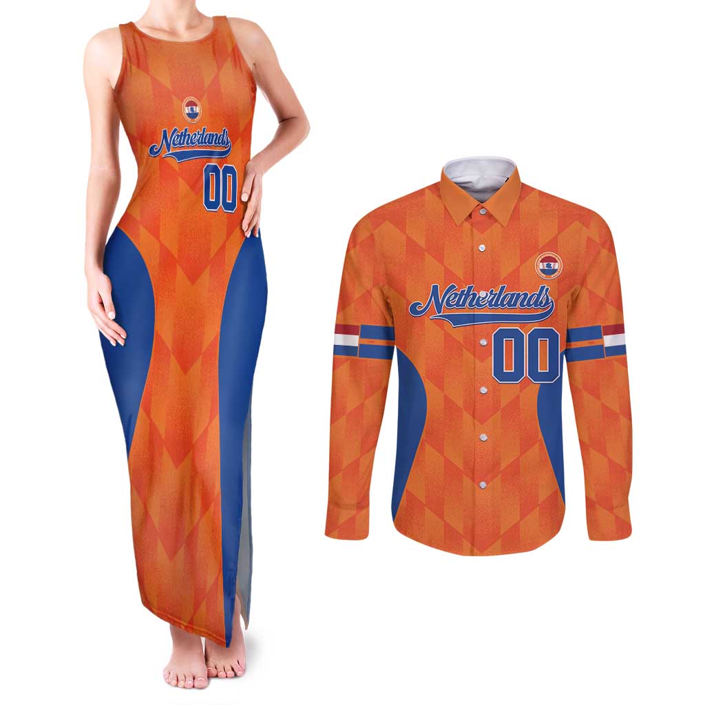 Custom Baseball Netherlands Couples Matching Tank Maxi Dress and Long Sleeve Button Shirt Go Champions Sporty Style - Wonder Print Shop