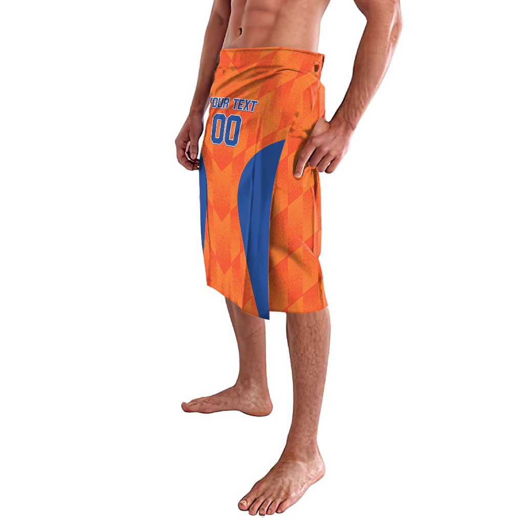 Orange patterned baseball shorts with blue side stripe and custom number graphic