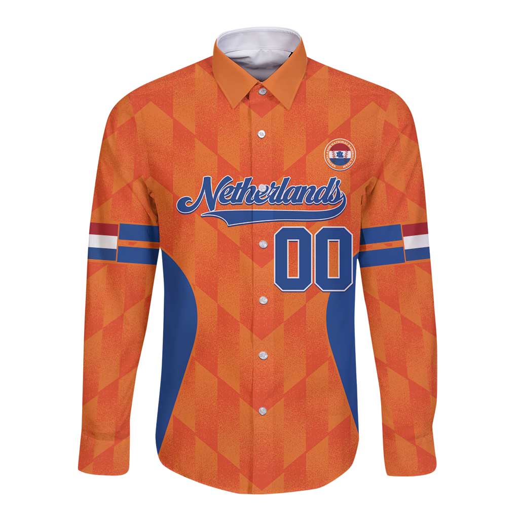 Orange long-sleeve button baseball shirt with Netherlands front logo and number 00
