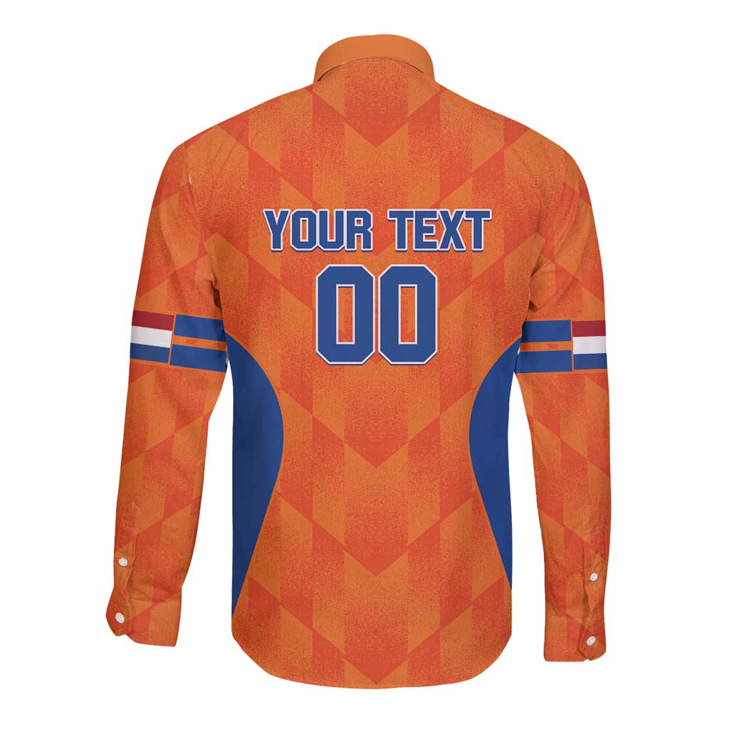 Orange long-sleeve button baseball shirt with back graphic text and number 00