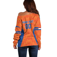 Women's orange off-shoulder sweater back, blue stripes, YOUR TEXT and 00