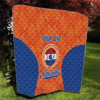Custom baseball quilt folded display, orange and blue panels with Netherlands crest and YOUR TEXT