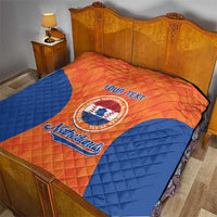 Custom baseball quilt on bed, orange and blue fan pattern with Netherlands crest and YOUR TEXT