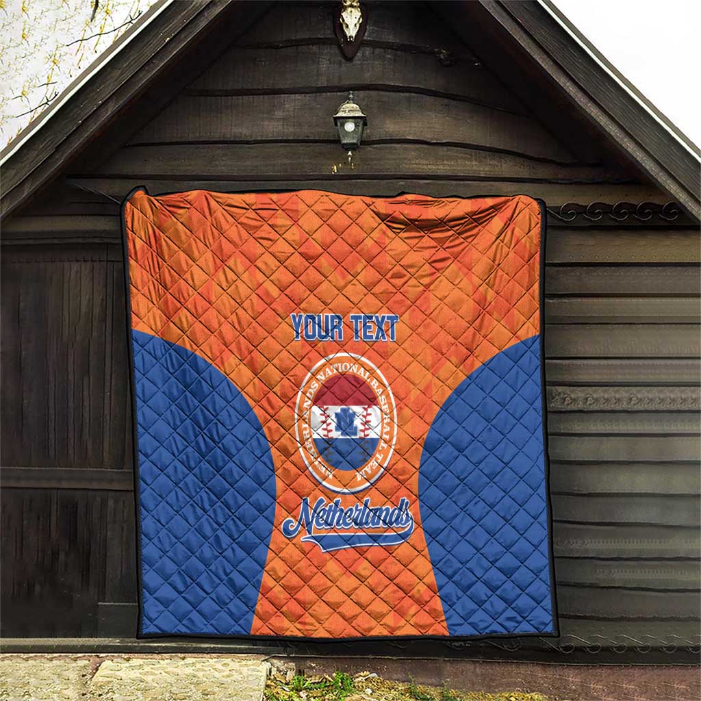 Custom baseball quilt hanging, orange and blue fan design with Netherlands crest and YOUR TEXT