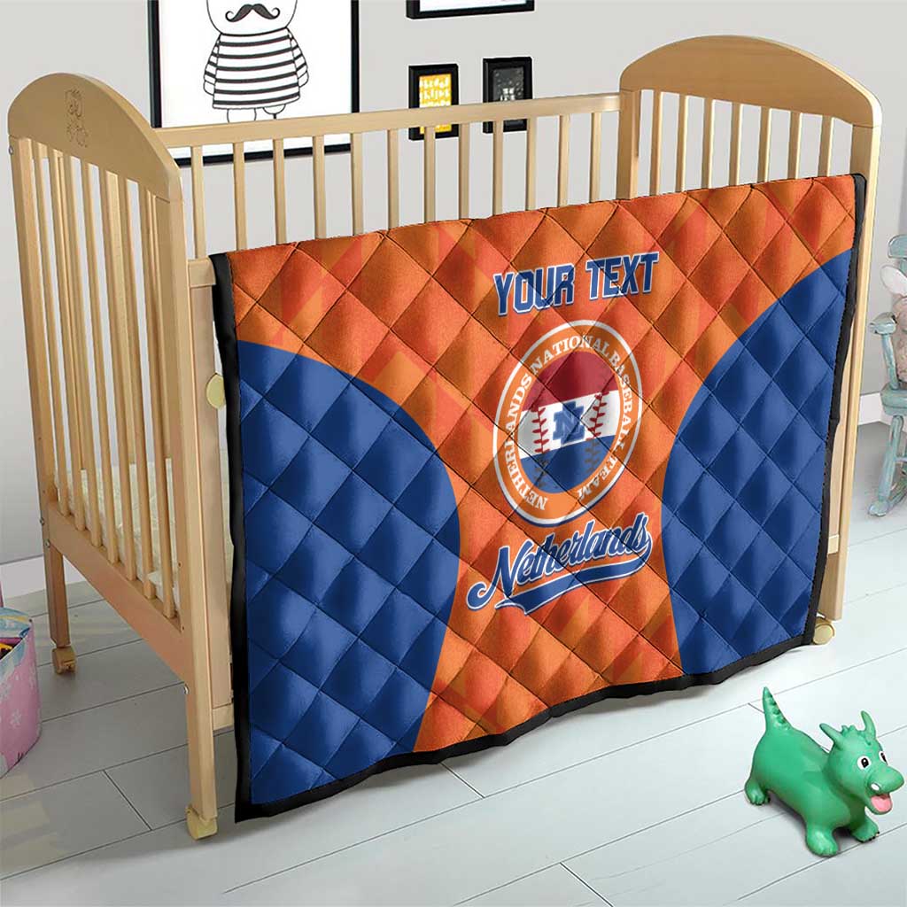 Custom baseball quilt on crib, orange and blue fan design with Netherlands crest and YOUR TEXT