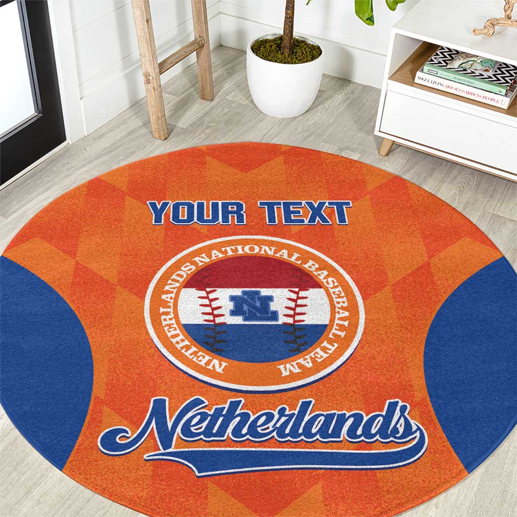 Orange round Netherlands-themed rug with blue border, “YOUR TEXT” and crest emblem