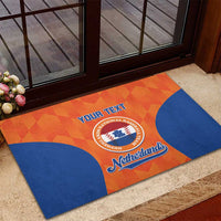 Orange and blue rubber doormat with your text and Netherlands logo at entry step