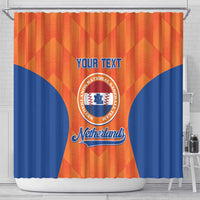 Orange custom baseball shower curtain with Netherlands crest, 'YOUR TEXT' lettering, and blue sides