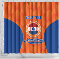 Custom baseball shower curtain in orange and blue with Netherlands crest and 'YOUR TEXT'
