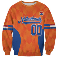 Orange sweatshirt with Netherlands logo, blue 00 print, and striped sleeve bands