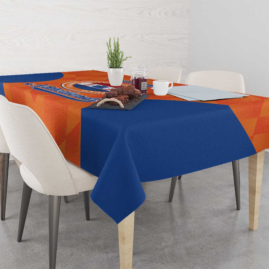 Orange and blue Netherlands baseball tablecloth with crest graphic, navy corner drop