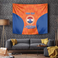 Orange and blue Netherlands sports tapestry hanging with circular emblem and custom text