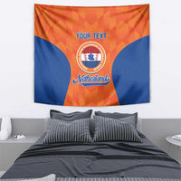 Orange and blue Netherlands sports tapestry with circular emblem and custom text, wide view