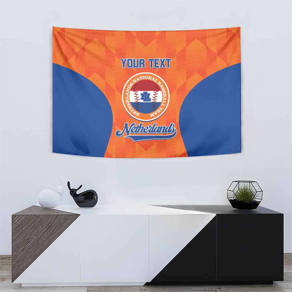 Orange and blue Netherlands sports tapestry with circular emblem and custom text, centered