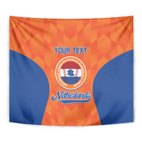 Orange and blue Netherlands sports tapestry close-up with circular emblem and custom text