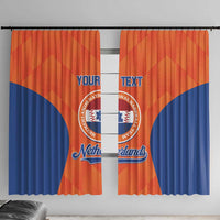 Two Netherlands baseball curtain panels, orange and blue, showing crest and 'YOUR TEXT'.