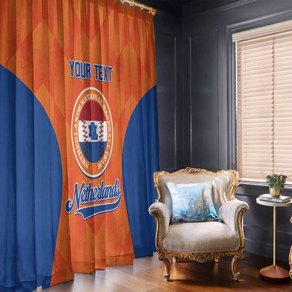 Orange and blue Netherlands baseball window curtain with circular crest and 'YOUR TEXT'.