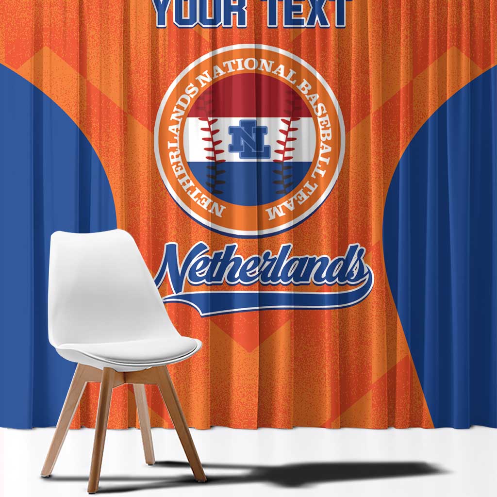Orange and blue Netherlands baseball curtain panel with large crest and 'YOUR TEXT'.