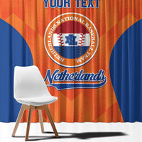 Orange and blue Netherlands baseball curtain panel with large crest and 'YOUR TEXT'.