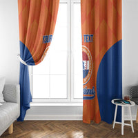 Orange and blue Netherlands baseball curtain panels near window, 'YOUR TEXT' visible.