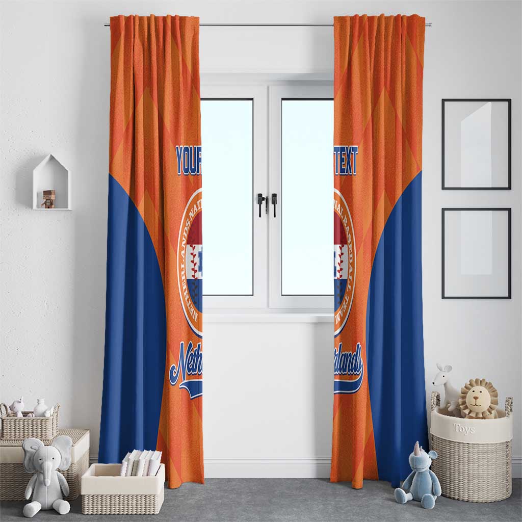 Orange and blue Netherlands baseball window curtains with crest and 'YOUR TEXT' blocks.
