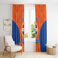 Pair of orange and blue Netherlands baseball window curtains with crest and 'YOUR TEXT'.