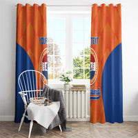 Orange and blue Netherlands baseball curtains with 'YOUR TEXT' and circular crest design.