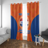 Orange and blue Netherlands baseball curtain pair with 'YOUR TEXT' text across center.