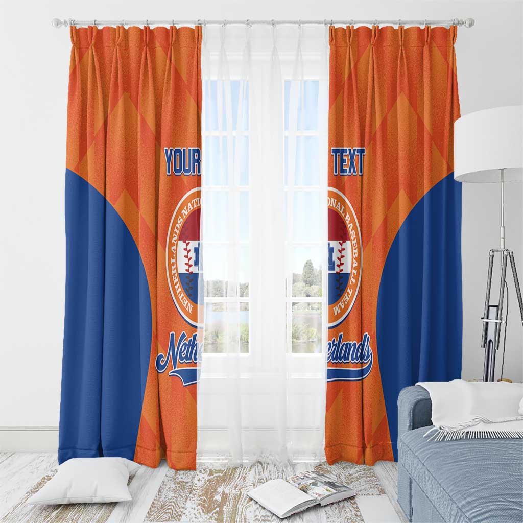 Orange and blue Netherlands baseball curtain panels with 'YOUR TEXT' and window fit.