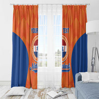 Orange and blue Netherlands baseball curtain panels with 'YOUR TEXT' and window fit.