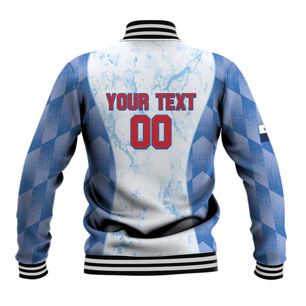 Blue and white zip-up baseball jacket with back graphic, YOUR TEXT and number 00