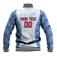 Blue and white zip-up baseball jacket with back graphic, YOUR TEXT and number 00