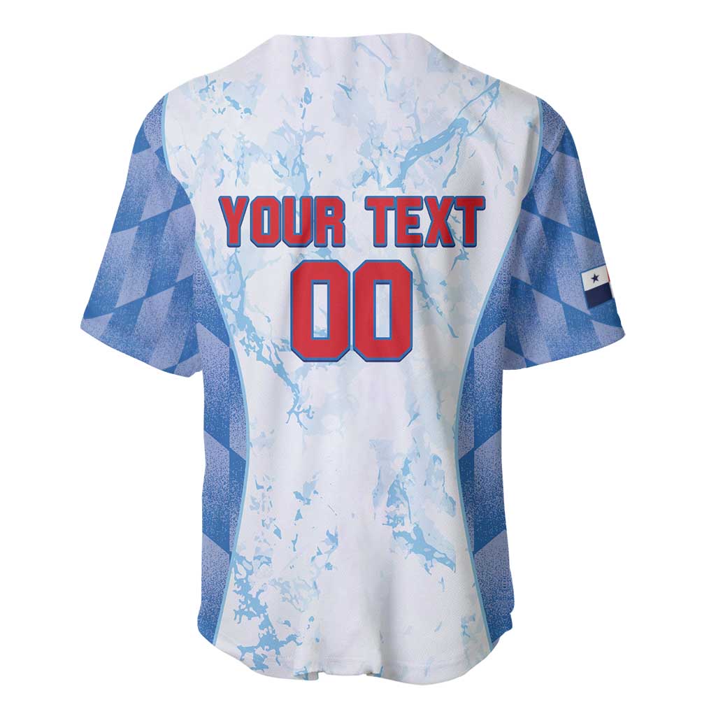 Back of baseball jersey in white and light blue with YOUR TEXT and red 00