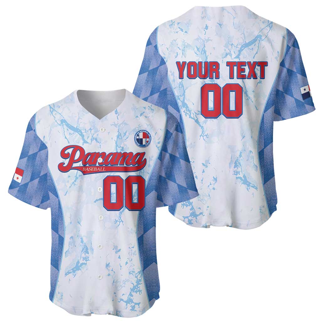 Baseball jersey in white and light blue shown front and back; Panama front, YOUR TEXT back