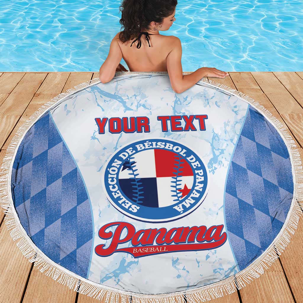 Round beach blanket featuring Panama baseball graphic, blue check sides, white fringe