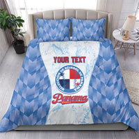 Blue baseball-themed custom bedding set with comforter, pillow shams, and logo panel
