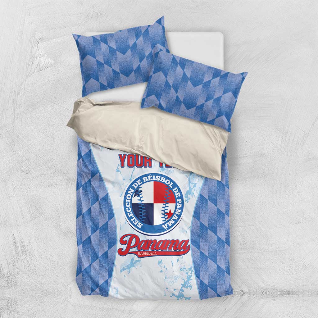 Blue baseball-themed bedding set with comforter and two pillow shams, central logo