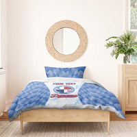 Blue baseball-themed bedding set with comforter featuring central logo and custom text