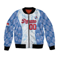 White and blue baseball bomber jacket with front zipper, black ribbed cuffs, logo patch